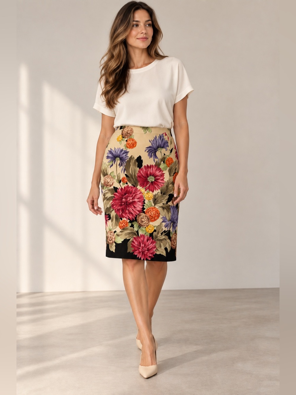 Talbots Silk Wool Floral Pencil Skirt in Multi-Color